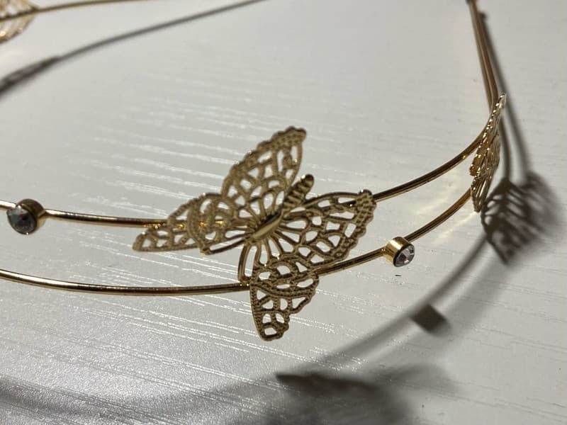 Scünci Gold Double Row Filigree Butterfly and Rhinestone Metal Headband - Thumbnail 2