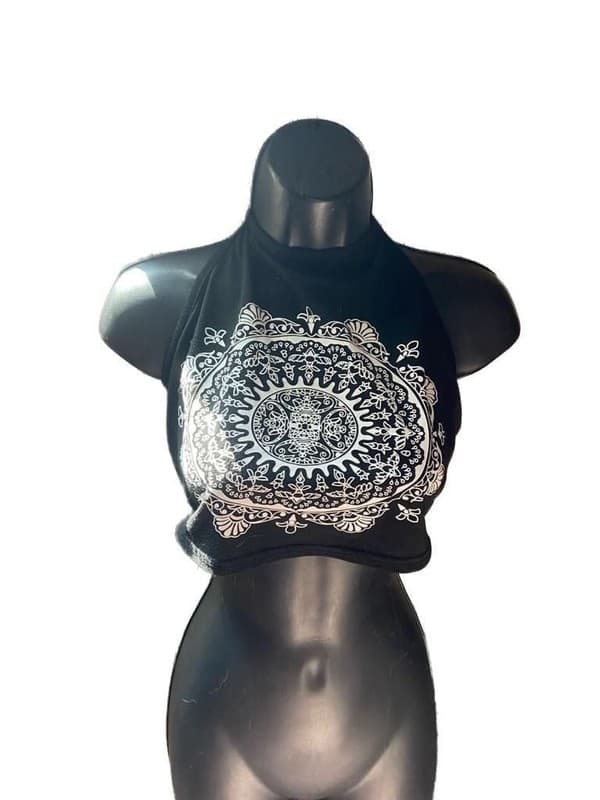 Boohoo Black Mandala Print Halter Neck Crop Top - Image 1