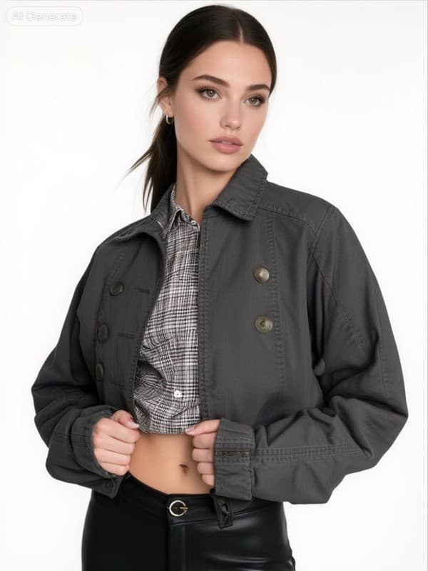Sound & Matter Women's Size XS Grey Cropped Military Moto Jacket Plaid Lined - Image 1