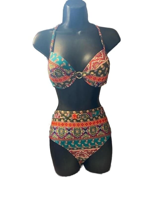 Time and Tru Women's Lace Racerback High Waist Bikini Set Ethnic Paisley Print - Image 1