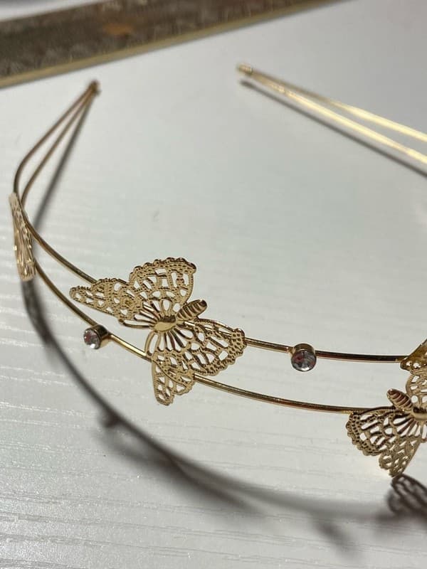 Scünci Gold Double Row Filigree Butterfly and Rhinestone Metal Headband - Thumbnail 3
