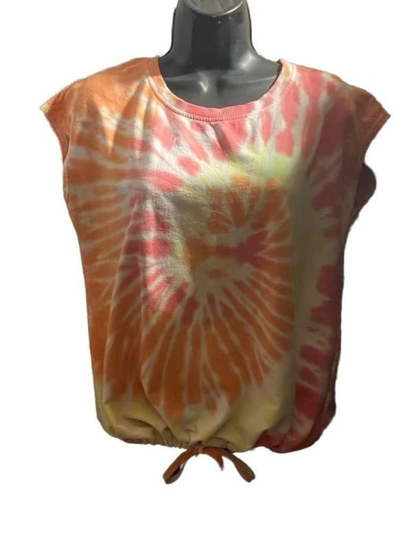 Jane and Delancey Orange and Pink Tie-Dye Cap Sleeve Drawstring Hem Sweatshirt - Thumbnail 4