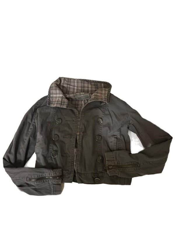Sound & Matter Women's Size XS Grey Cropped Military Moto Jacket Plaid Lined - Thumbnail 2