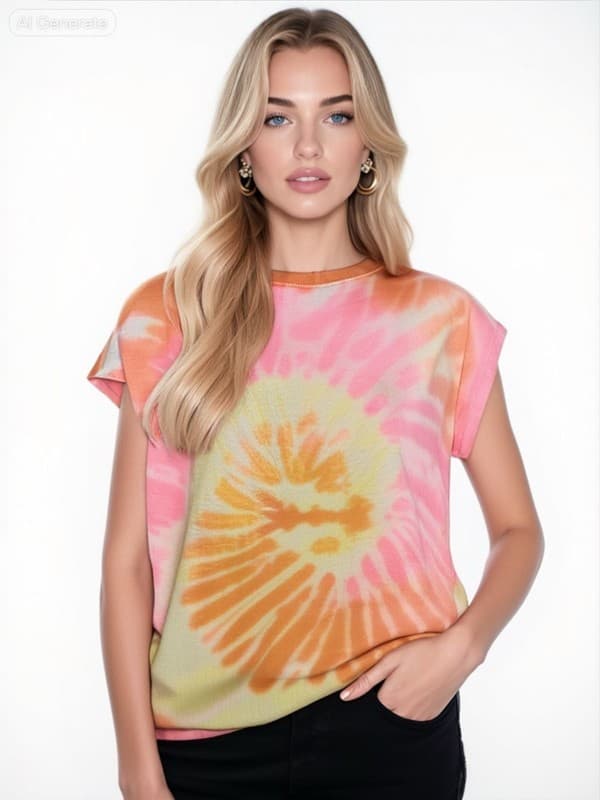 Jane and Delancey Orange and Pink Tie-Dye Cap Sleeve Drawstring Hem Sweatshirt - Image 1