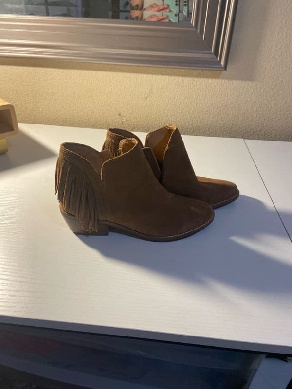 Lucky Brand Freedah Brown Suede Fringe Western Ankle Booties - Image 1