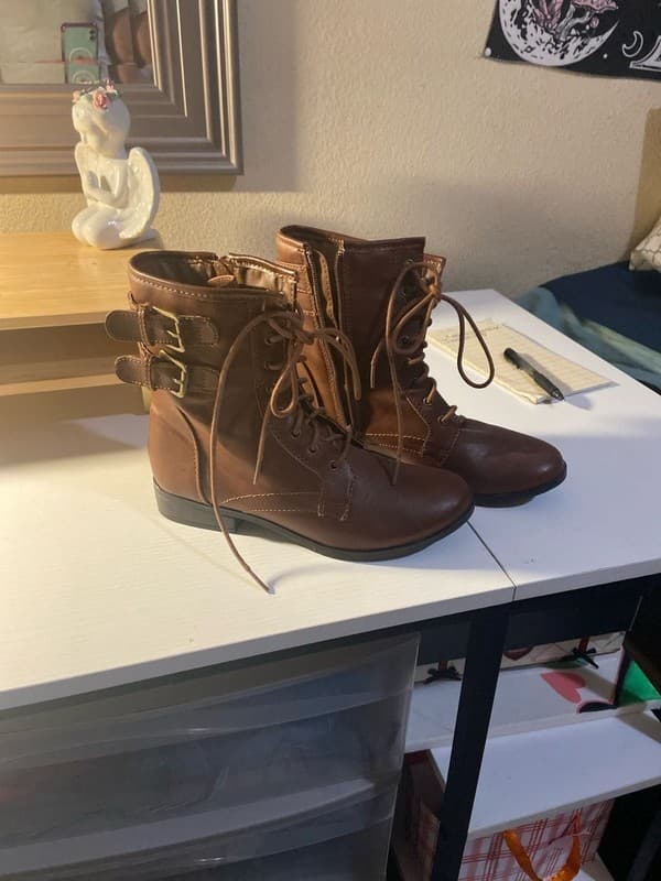 Style & Co. Brown Lace-Up Combat Ankle Boots with Double Buckles