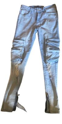 Y2K Cargo Jeans Light Wash Distressed Multi-Pocket Zipper Accents Denim