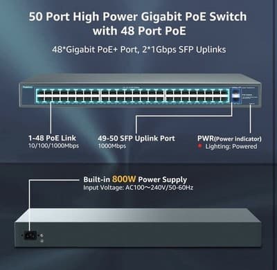 YuanLey 48 Port Gigabit PoE Switch Unmanaged with 2 1000Mbps 1475ZUP2 - Thumbnail 3