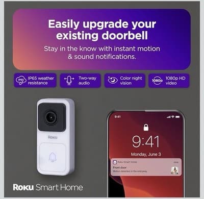 Roku Smart Home Wired Video Doorbell & Chime 1080p HD Night Vision Ultrawide - Thumbnail 2