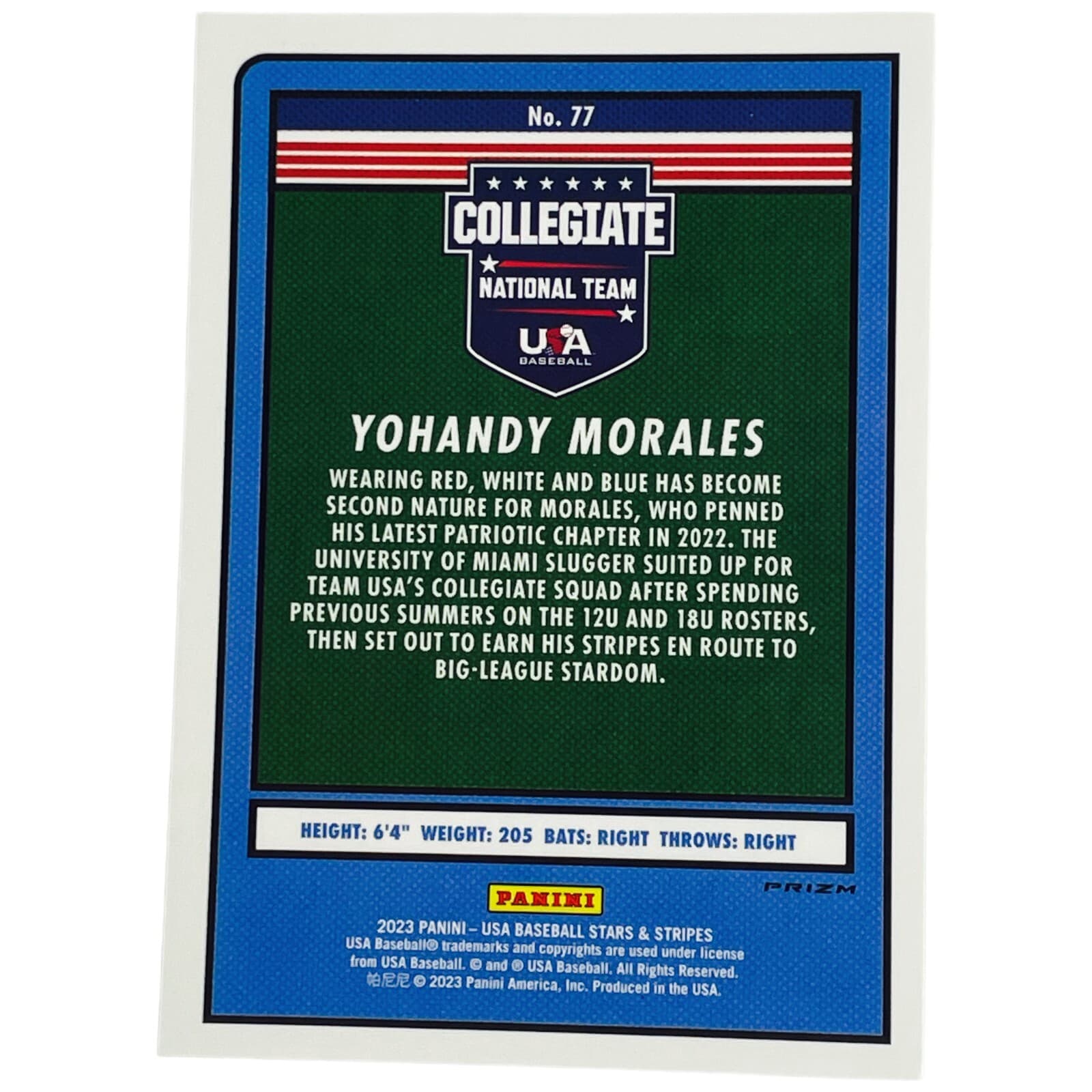 2023 Panini USA Baseball Yohandy Morales Silver Prizm Collegiate National #77 - Thumbnail 2