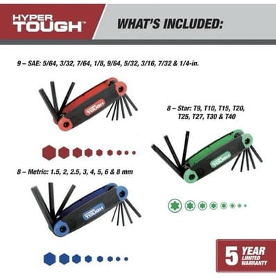 3-Piece HYPER TOUGH Folding Hex Key Set SAE Metric And Star 1272V - Thumbnail 7