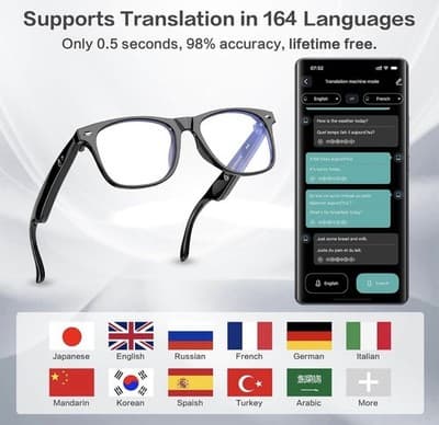 EarlySincere AI Smart Glasses 164 Languages Bluetooth 6.0 Blue Light Block W100 - Thumbnail 4
