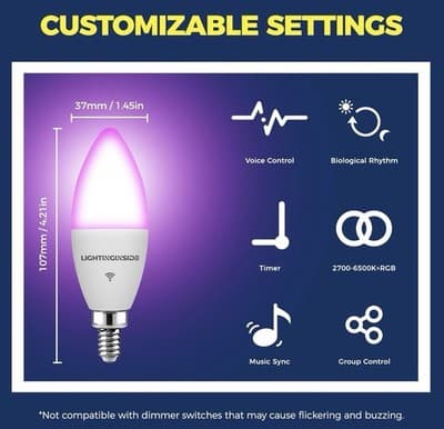 Lightinginside E12 Smart Light Bulb 60W Alexa Google SmartLife No Hub Required - Thumbnail 3