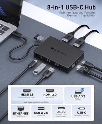 Cable Matters 8-in-1 USB-C Hub Multiport Adapter 140W PD Dual 4K HDMI Ethernet - Thumbnail 4