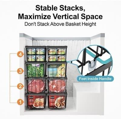 Freezer Organizer Bins 4 Pack Deep Freezer Baskets for 5 to 7 Cu.Ft Stackable - Thumbnail 7