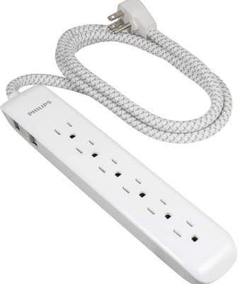 Philips 6 Outlet Surge Protector 6Ft Extension Cord Flat Plug Tangle Free White - Thumbnail 2