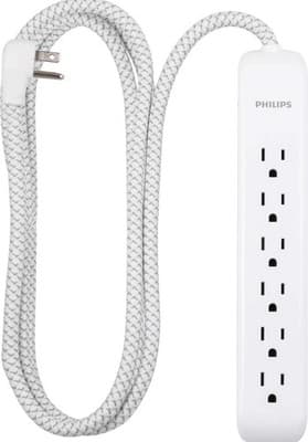 Philips 6 Outlet Surge Protector 6Ft Extension Cord Flat Plug Tangle Free White - Image 1