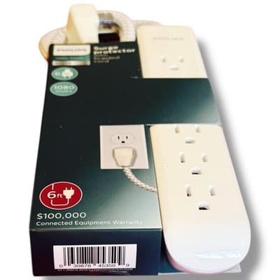 Philips 6 Outlet Surge Protector 6Ft Extension Cord Flat Plug Tangle Free White - Thumbnail 6