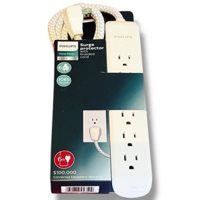 Philips 6 Outlet Surge Protector 6Ft Extension Cord Flat Plug Tangle Free White - Thumbnail 4