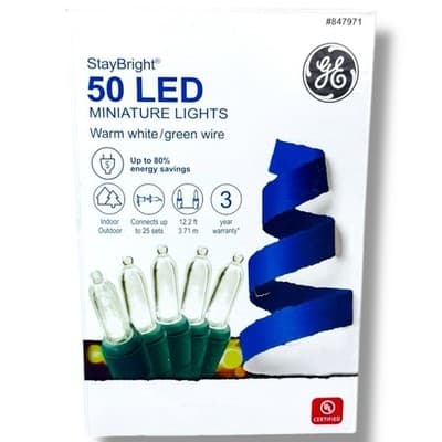 GE StayBright 50 LED Miniature Lights Warm White Green Wire 12.2’ Indoor Outdoor - Image 1