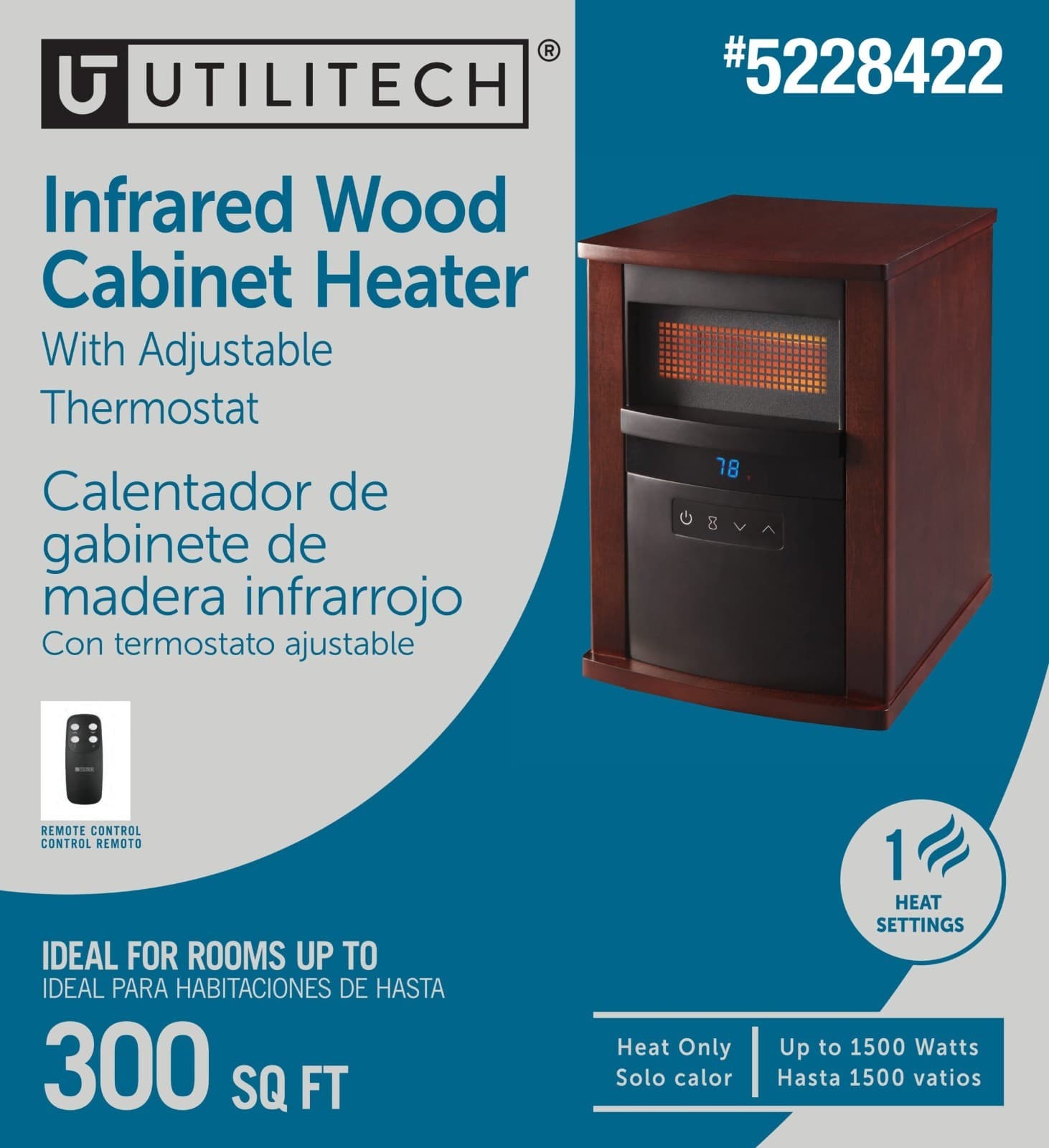 Utilitech Infrared Wood Cabinet Heater Adjustable Thermometer Remote Control - Image 1