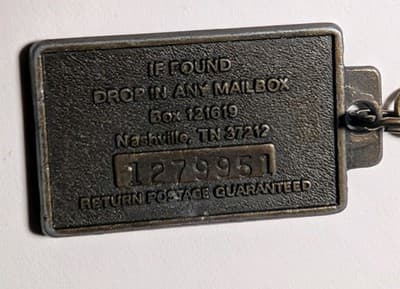 Vintage "KEY REGISTRATION" Metal Key Fob Tag w/ Chain - Nashville TN - Thumbnail 2