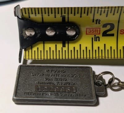 Vintage "KEY REGISTRATION" Metal Key Fob Tag w/ Chain - Nashville TN - Thumbnail 3