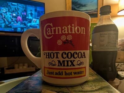 Vintage Carnation Hot Cocoa Mix Mug - Red & White Advertising - Kitchen Kitsch - Image 1