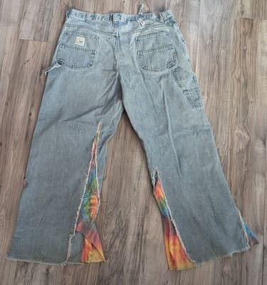 Vintage Lee Riveted Dungarees Custom Tie-Dye Distressed Wide Leg Flare Jeans - Thumbnail 6