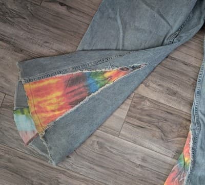 Vintage Lee Riveted Dungarees Custom Tie-Dye Distressed Wide Leg Flare Jeans - Thumbnail 2