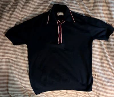 Vintage 1960s-70s Ban-Lon Navy Polo Shirt Men's Large Striped Placket Banlon - Thumbnail 2