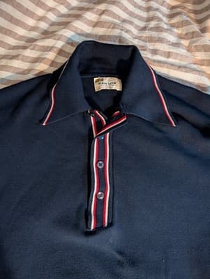Vintage 1960s-70s Ban-Lon Navy Polo Shirt Men's Large Striped Placket Banlon - Thumbnail 3