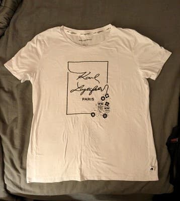 Karl Lagerfeld Paris Women’s Medium White Graphic Designer Logo T-Shirt - Image 1