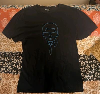 Karl Lagerfeld Paris Men’s Large T-Shirt Black Blue Outlined Caricature Logo L/G - Image 1