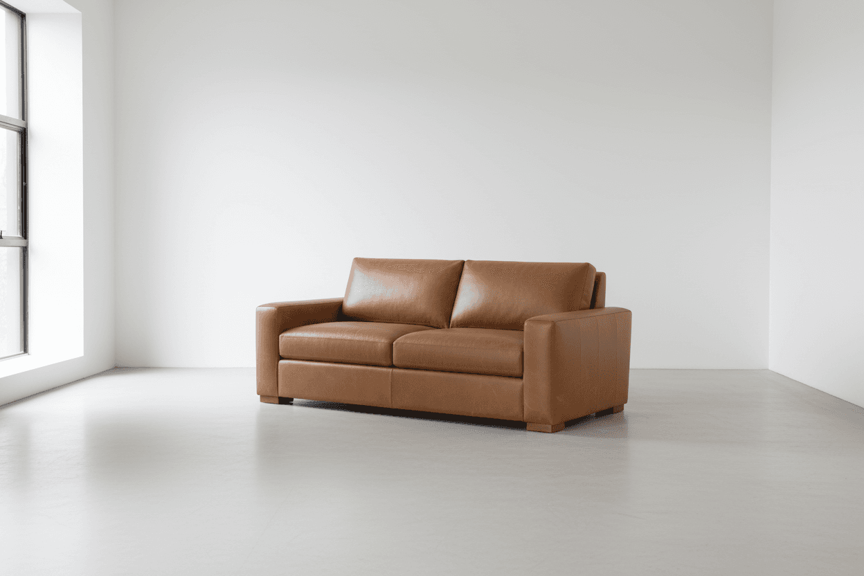 BenchMade Modern 80" Skinny Fat Caramel Brown Leather Sofa Couch (2 Avail) FFE-1390 - Image 1