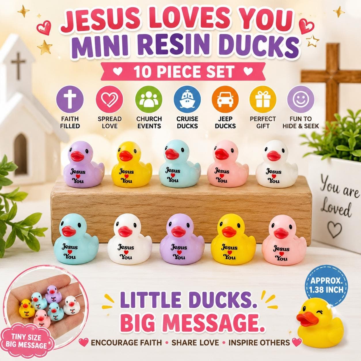 10pc Mini Jesus Loves You Resin Ducks | Christian Mini Duck Figures | Religious Party Favors | Church Gifts | Cruise Ducks | Jeep Ducks - Image 1
