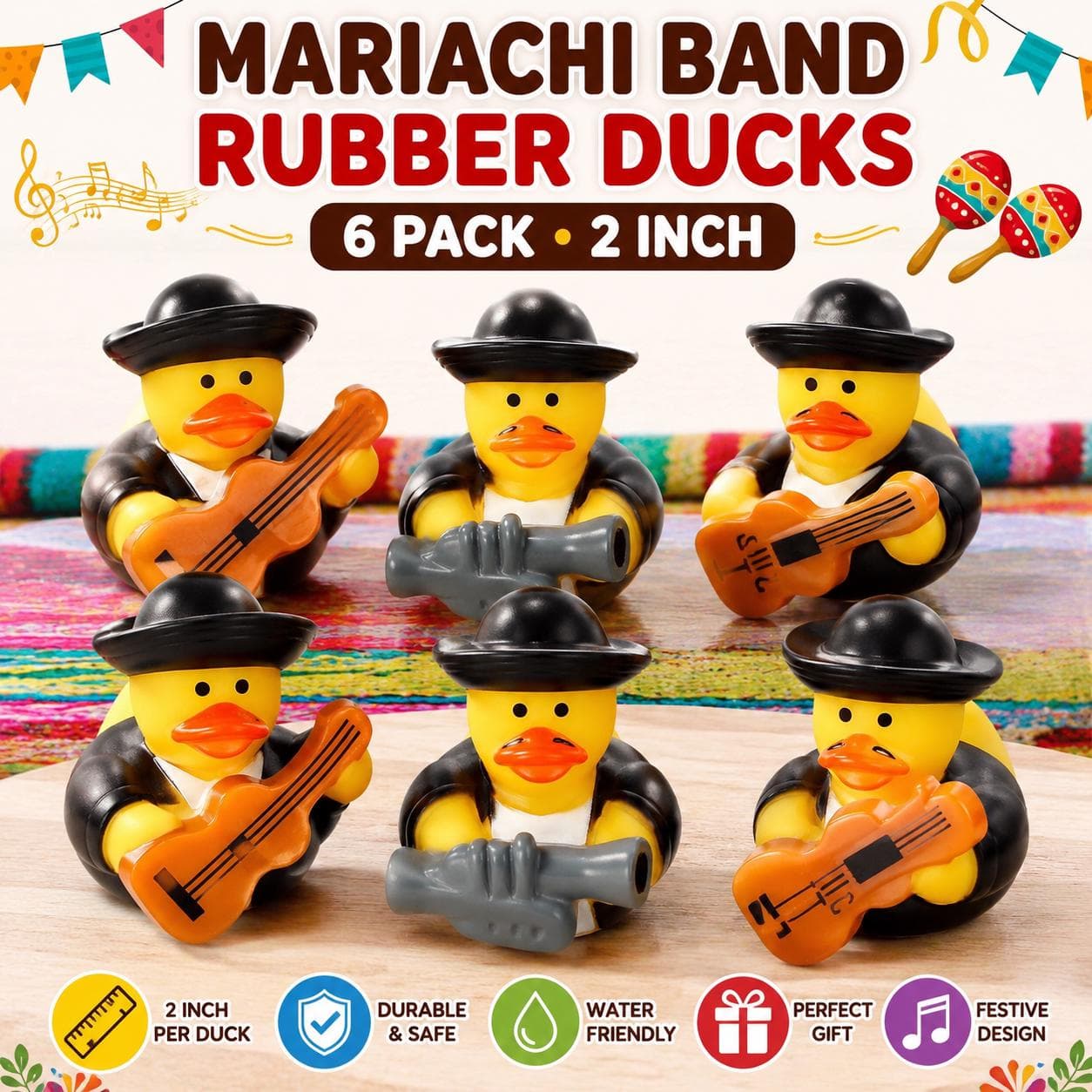 6pc Mariachi Band Rubber Ducks – 2” Fiesta Duck Set - Image 1