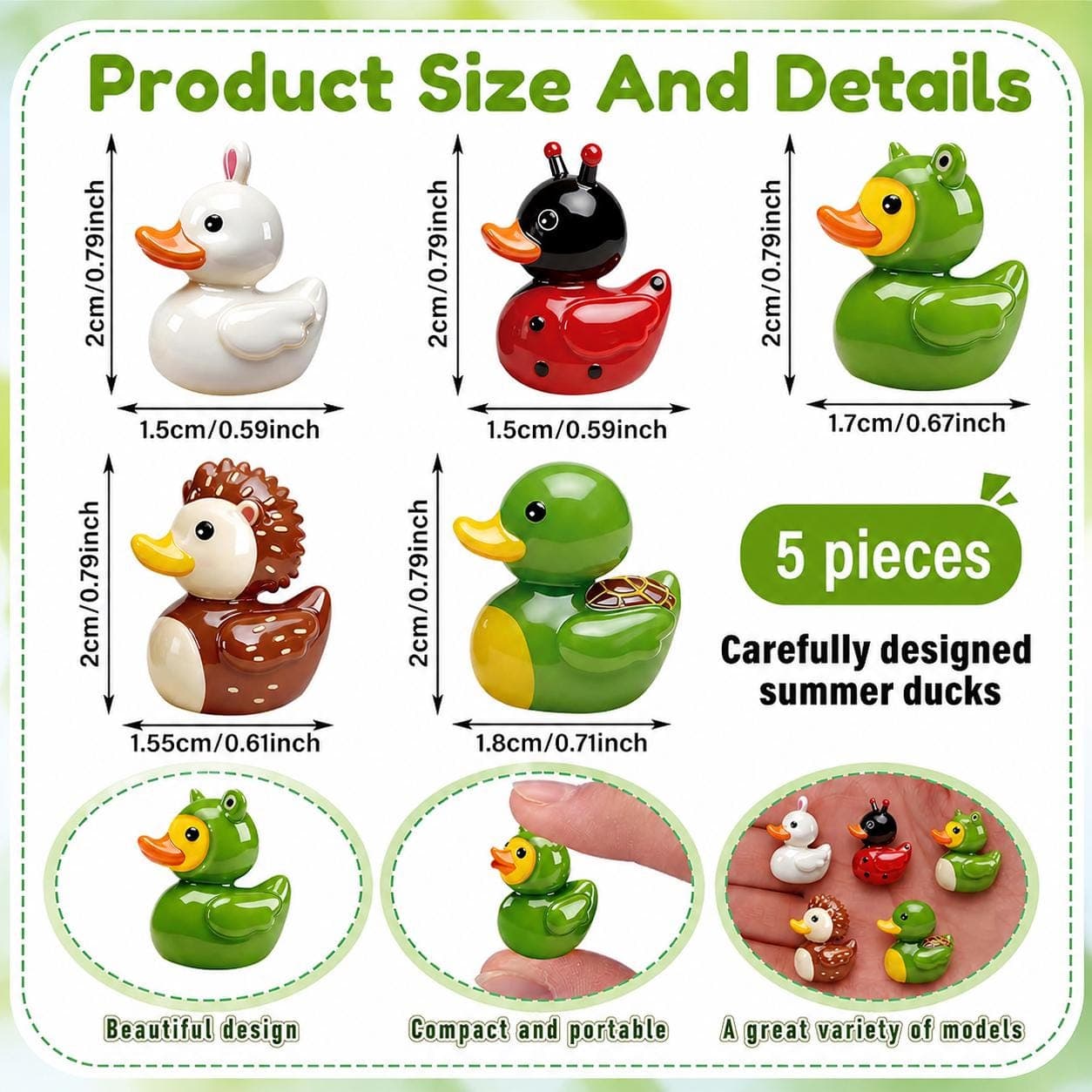 Spring Animal Duck Set – 5pcs Mini Resin Ducks, Frog Bunny Turtle Ladybug Hedgehog Ducks, Jeep Ducks, Cruise Ducks, Fairy Garden Decor - Thumbnail 2