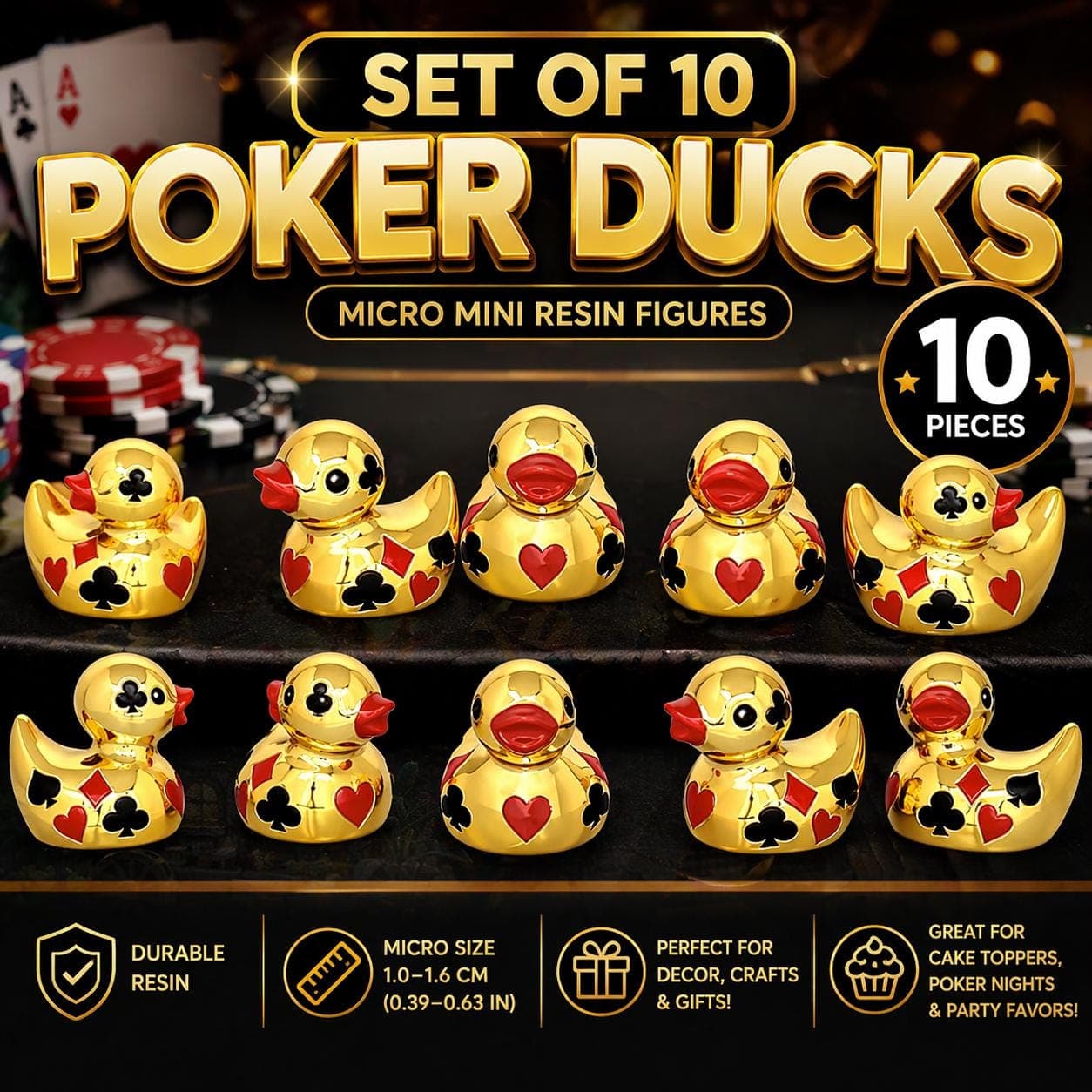Set of 10 Gold Poker Ducks | Card Suit Resin Miniatures (Casino Party Favors) - Image 1
