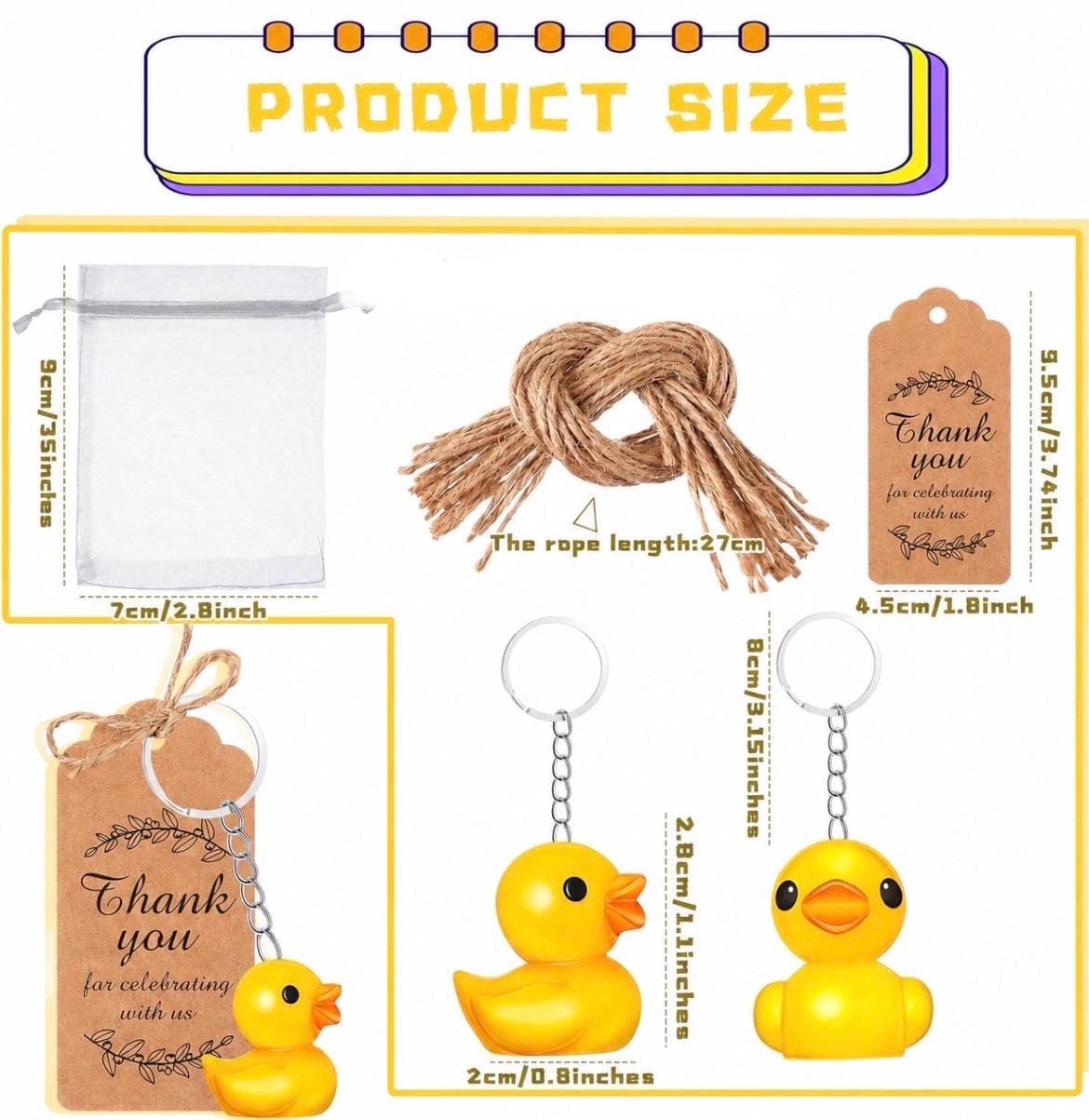 Set of 5 Mini Duck Keychain Party Favors with Thank You Tags & Gift Bags, Rubber Duck Keychains, Cruise Ducks, Jeep Ducks, Baby Shower Gifts - Thumbnail 2