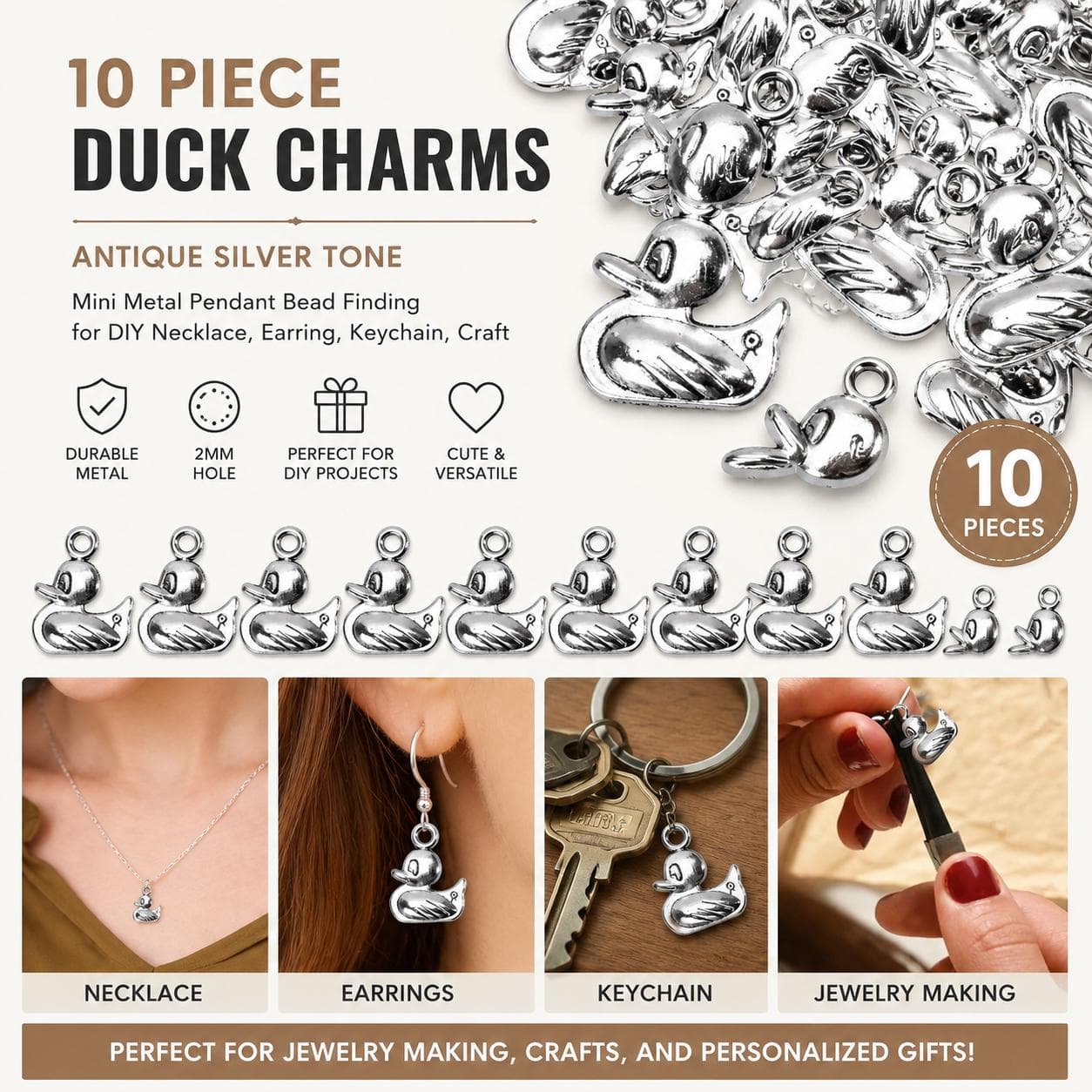10 Pc Duck Charms for Jewelry Making, Antique Silver Duck Pendants, Mini Metal Duck Charms for Bracelets, Earrings, Necklaces, Keychains - Image 1
