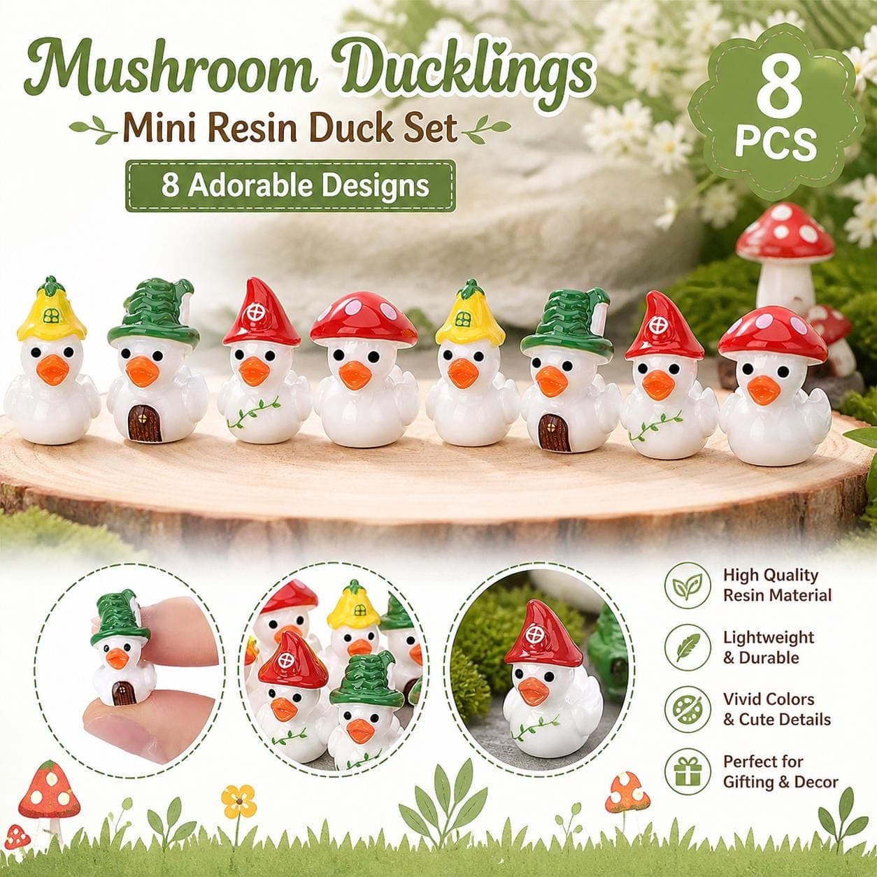 Mini Mushroom Duck Set – 8pcs Resin Ducks, Fairy Garden Decor, Cottagecore Ducks, Jeep Ducks, Cruise Ducks, DIY Craft Accessories
