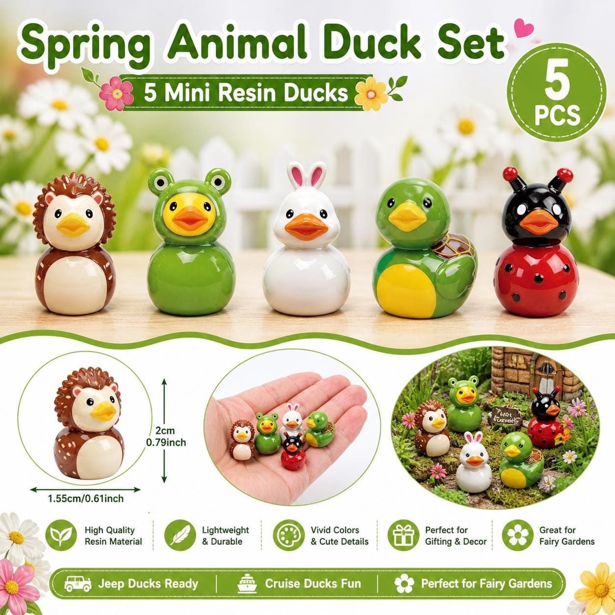 Spring Animal Duck Set – 5pcs Mini Resin Ducks, Frog Bunny Turtle Ladybug Hedgehog Ducks, Jeep Ducks, Cruise Ducks, Fairy Garden Decor
