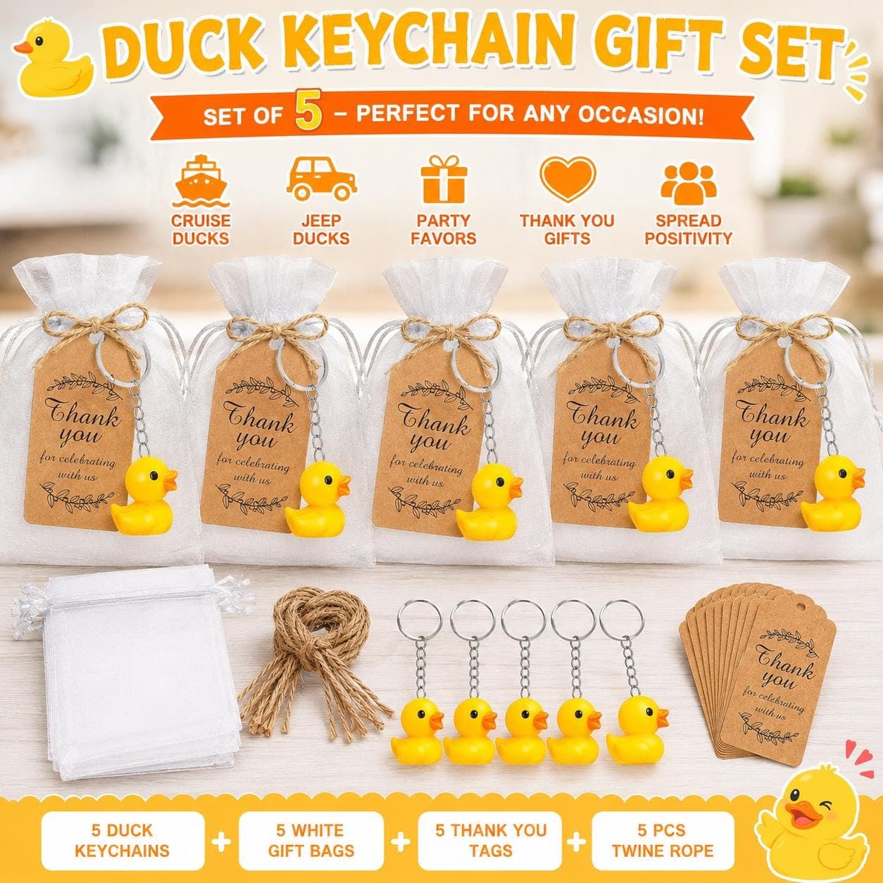 Set of 5 Mini Duck Keychain Party Favors with Thank You Tags & Gift Bags, Rubber Duck Keychains, Cruise Ducks, Jeep Ducks, Baby Shower Gifts - Image 1