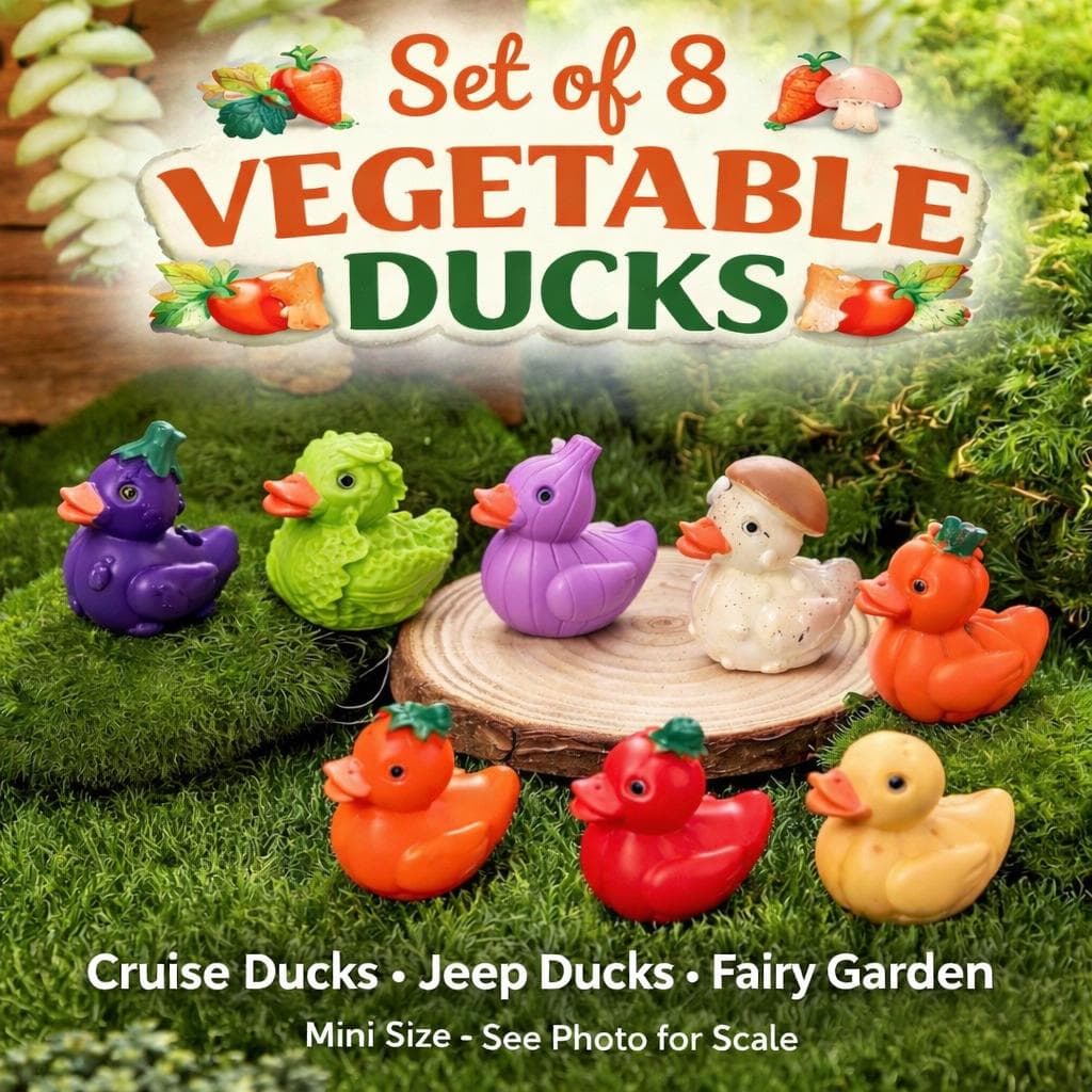 Set of 8 Vegetable Ducks – Mini Resin Garden Ducks (Cruise, Jeep) - Image 1