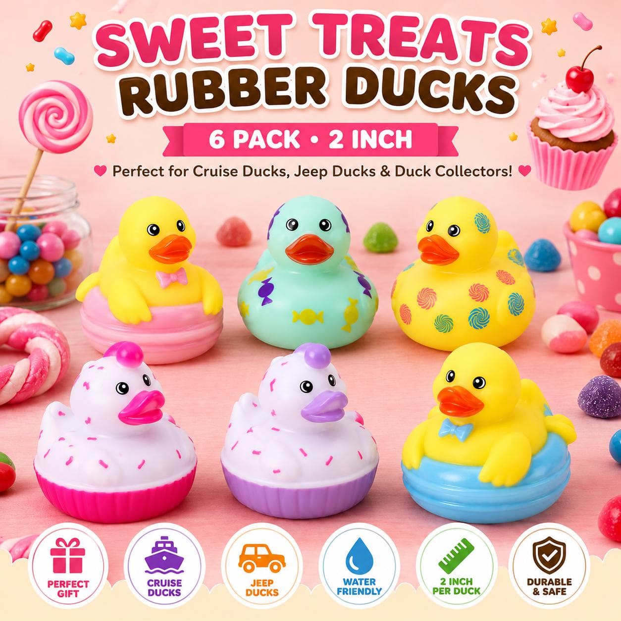 6pc Sweet Treats Rubber Duck Set, 2 Inch Candy & Cupcake Ducks, Cruise Ducks, Jeep Ducks, Dessert Theme Rubber Duck Party Favors - Image 1