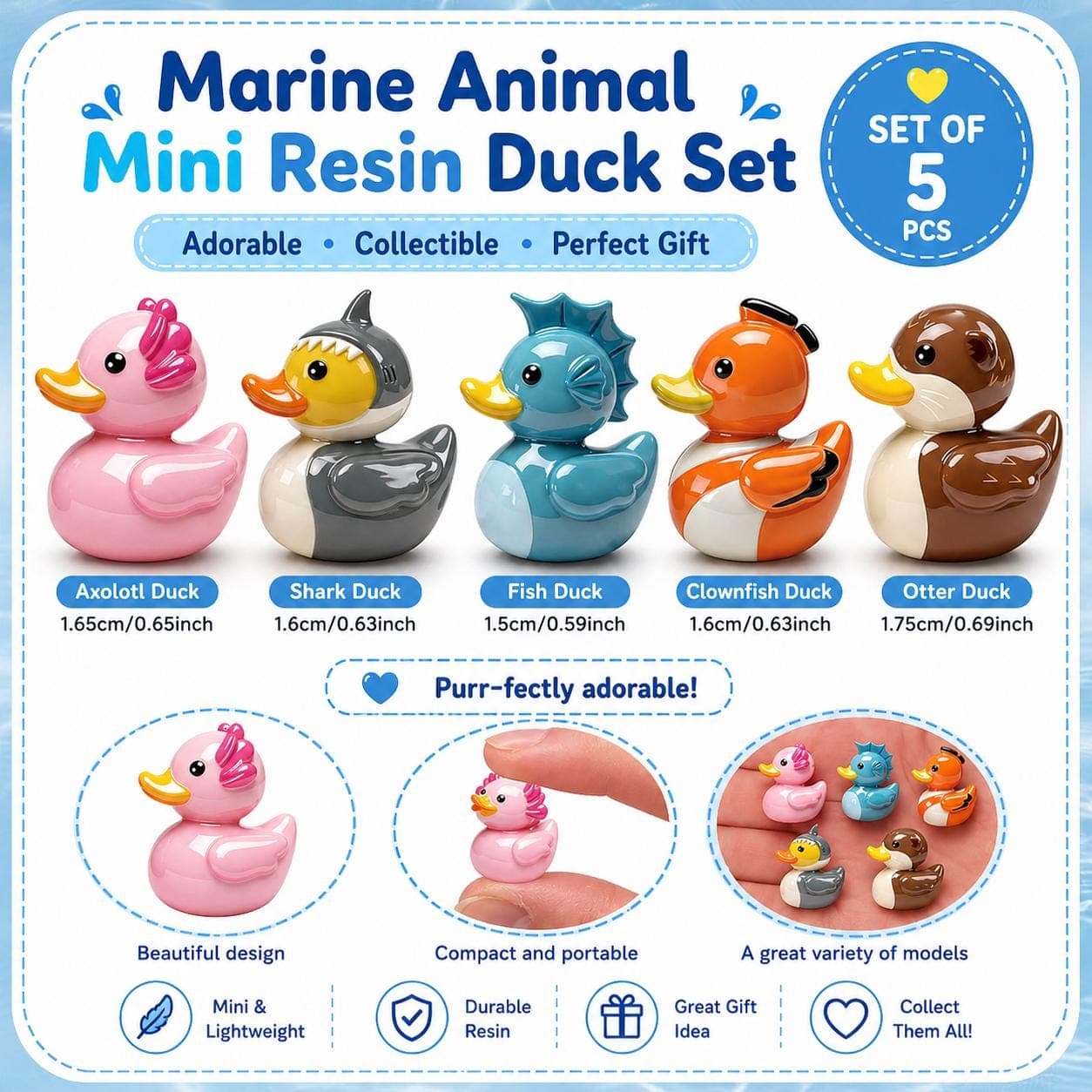 Set of 5 Marine Animal Mini Resin Ducks, Shark, Fish, Otter, Axolotl, Clownfish - Image 1