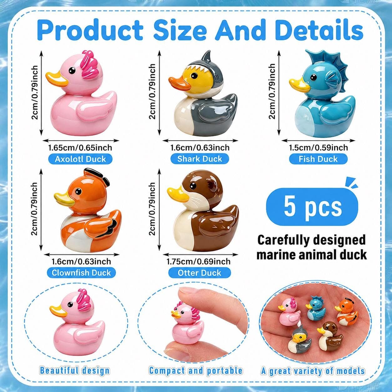 Set of 5 Marine Animal Mini Resin Ducks, Shark, Fish, Otter, Axolotl, Clownfish - Thumbnail 2