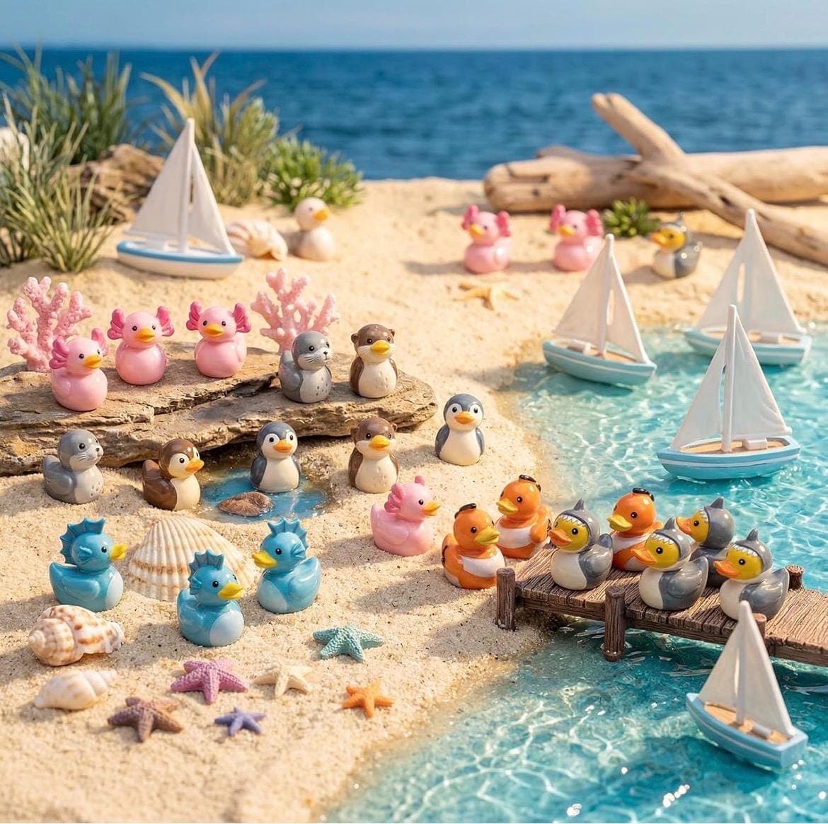Set of 5 Marine Animal Mini Resin Ducks, Shark, Fish, Otter, Axolotl, Clownfish - Thumbnail 5