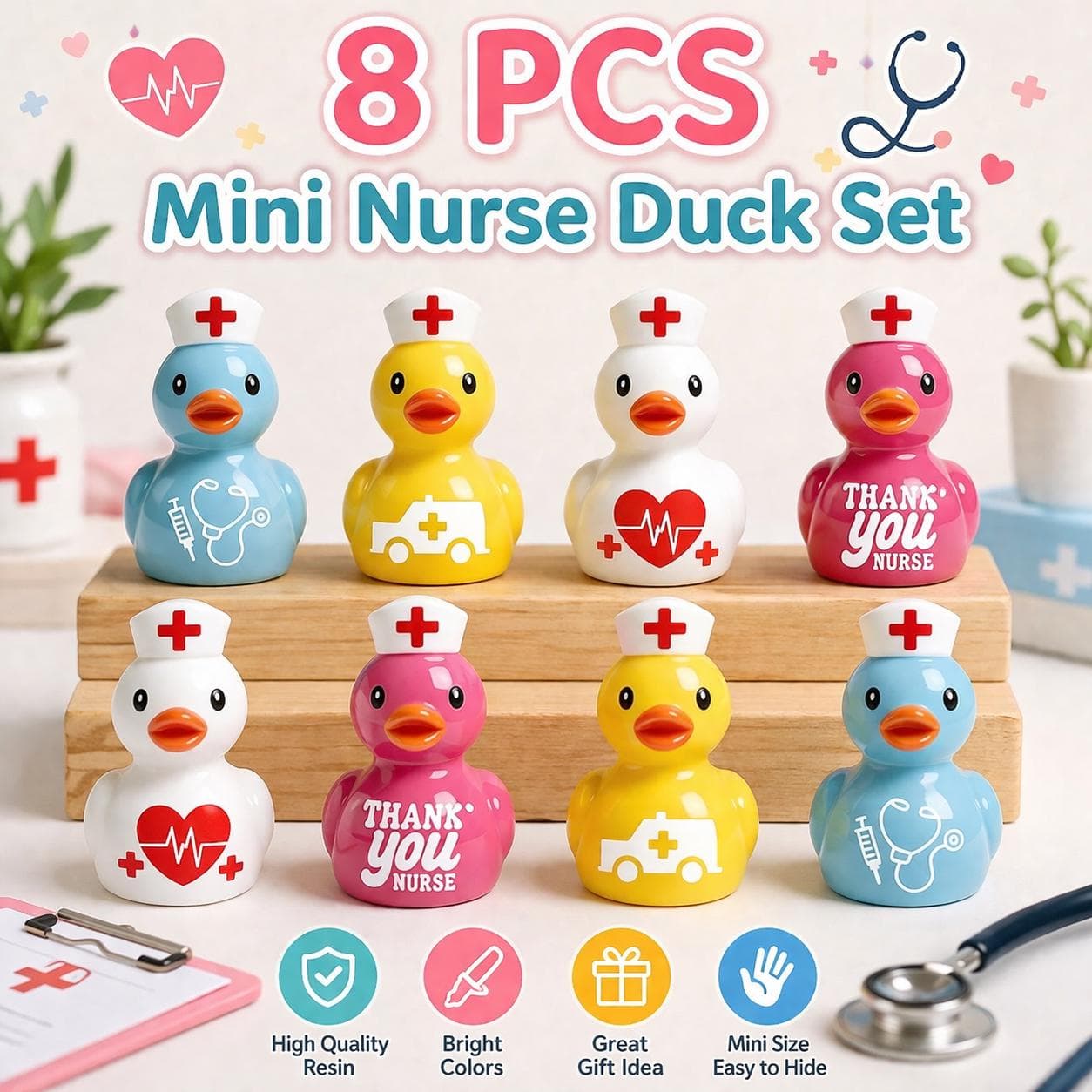 8pc Colorful Nurse Ducks Set, Mini Resin Nurse Duck Figurines, Nurse Appreciation Gift, Cruise Ducks, Jeep Ducks, Desk Decor - Image 1